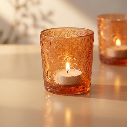 6 Pack Hummingbird Embossed Glass Candle Holders Votive Tealight Holders with Patent Design, Decorative Glass Cups for Wedding Centerpieces, Parties, and Home Decor (Pumpkin Spice)