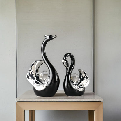 XINDAM A Pair of Swan Figurines Swans Statue with Crystal Ball Model Home Office Display Decorative Craft Living Room Decor (Black)