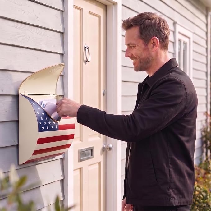 American Flag Wall Mount Mailbox for Outside, Waterproof Metal Mailbox with Rust-Proof Galvanized Steel, Large Capacity Mailbox for House, Independence Day Patriotic Decor