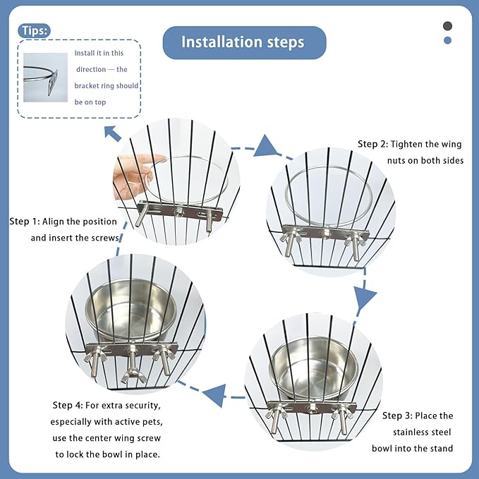 Stainless Steel Pet Crate Bowls, 2-Pack Rabbit Food Water Bowls No Spill Removable Hanging Parrot Feeding Cups Kennel Feeder Coop Cup for Small Medium Pets Birds Bunnies Cats Dogs (M+L)