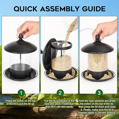 Gbekery Metal Bird Feeders for Outdoors Hanging, Weather Resistant Wild Bird Feeder with 360 Degree Feeding Tray, Black