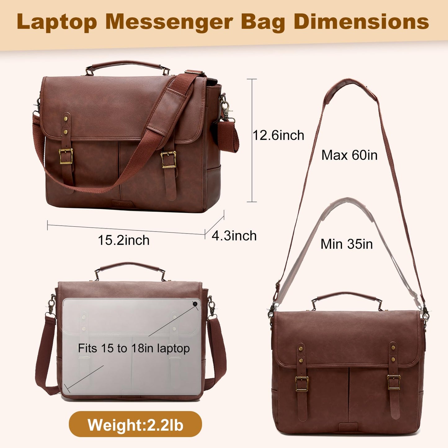 Leather Messenger Bag for Men, 15.6in Laptop Briefcase Vintage Waterproof Laptop Bag Shoulder Bags Satchel Office Bag(Dark Brown)