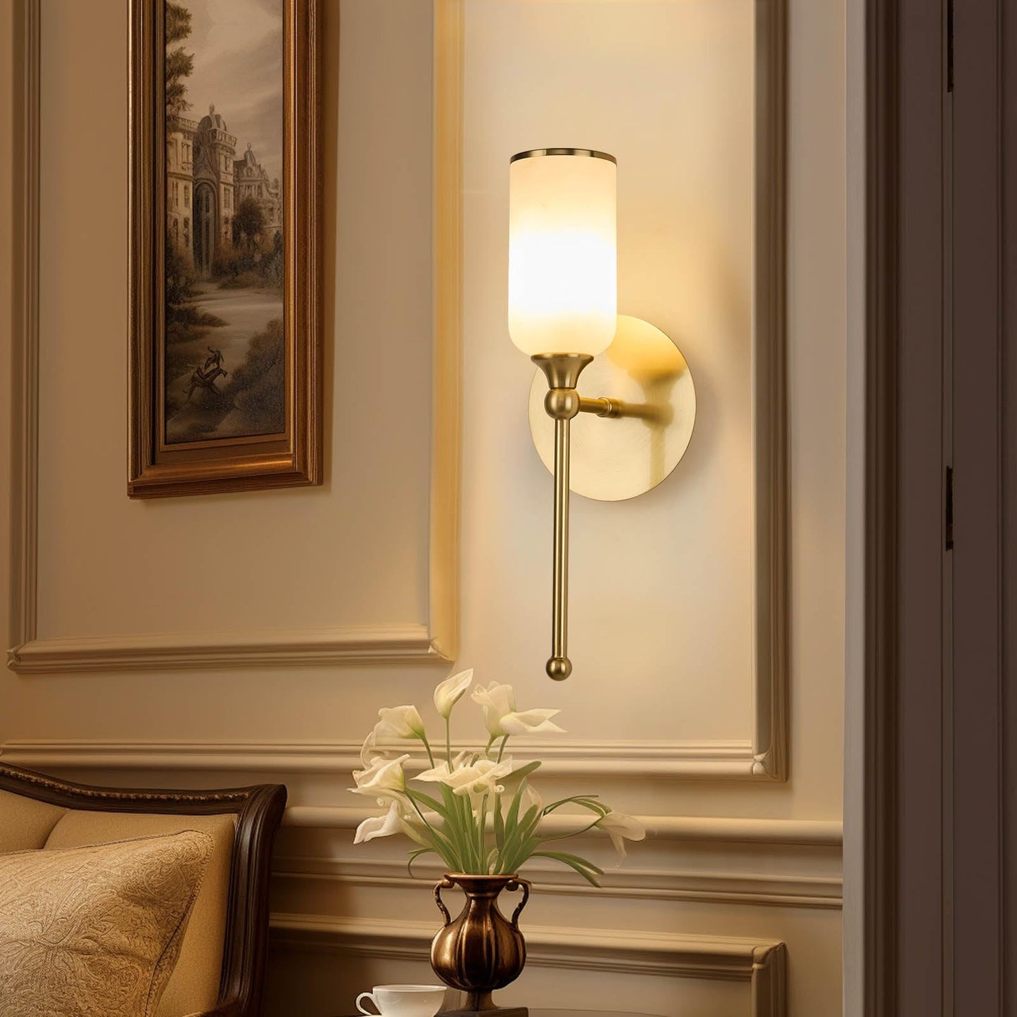 Fanyank Alabaster Wall Sconce, 15.4inch Natural Marble Lampshade Wall Sconce, Hardwired Sconce LED Modern Wall Lamp for Bedroom, Stairs, Living Room, Bedside, Hallway Gold
