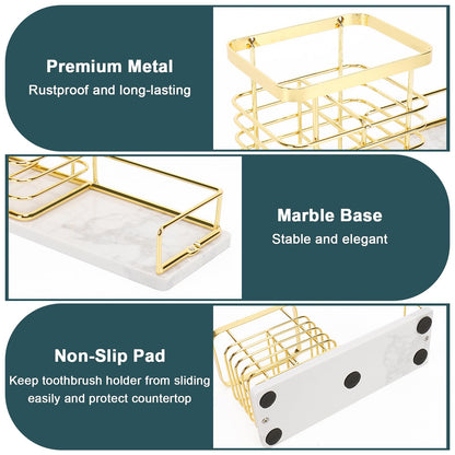 HarJue Toothbrush Holder, Luxurious Metal Toothbrush Toothpaste Holder with Marble Base for Bathroom, Multi-Slots Openwork Design, Bathroom Accessory for Storage and Organizer (Large, Gold)