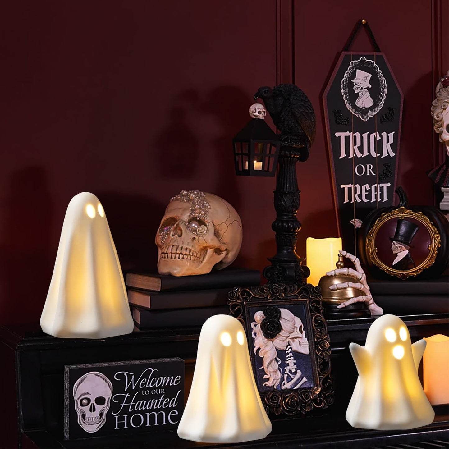 Light Up Ghost Halloween Decor - 3 Pack Ceramic White Ghost Figurines - Indoor, Table, Tray
