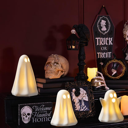 Light Up Ghost Halloween Decor - 3 Pack Ceramic White Ghost Figurines - Indoor, Table, Tray