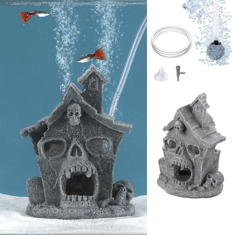 Carefree Fish Aquarium Haunted House Halloween Ghost Bubbler Decor Fish Hide-Out Ornament with 3Ft Tubing and Tiny Air Stone（No Included Air Pump
