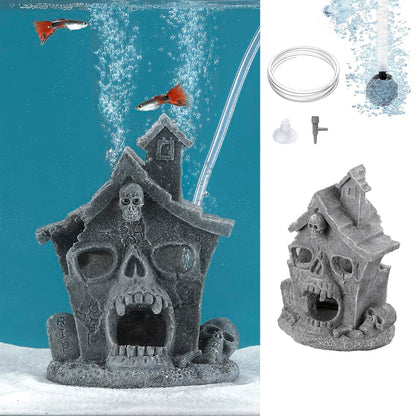 Carefree Fish Aquarium Haunted House Halloween Ghost Bubbler Decor Fish Hide-Out Ornament with 3Ft Tubing and Tiny Air Stone（No Included Air Pump