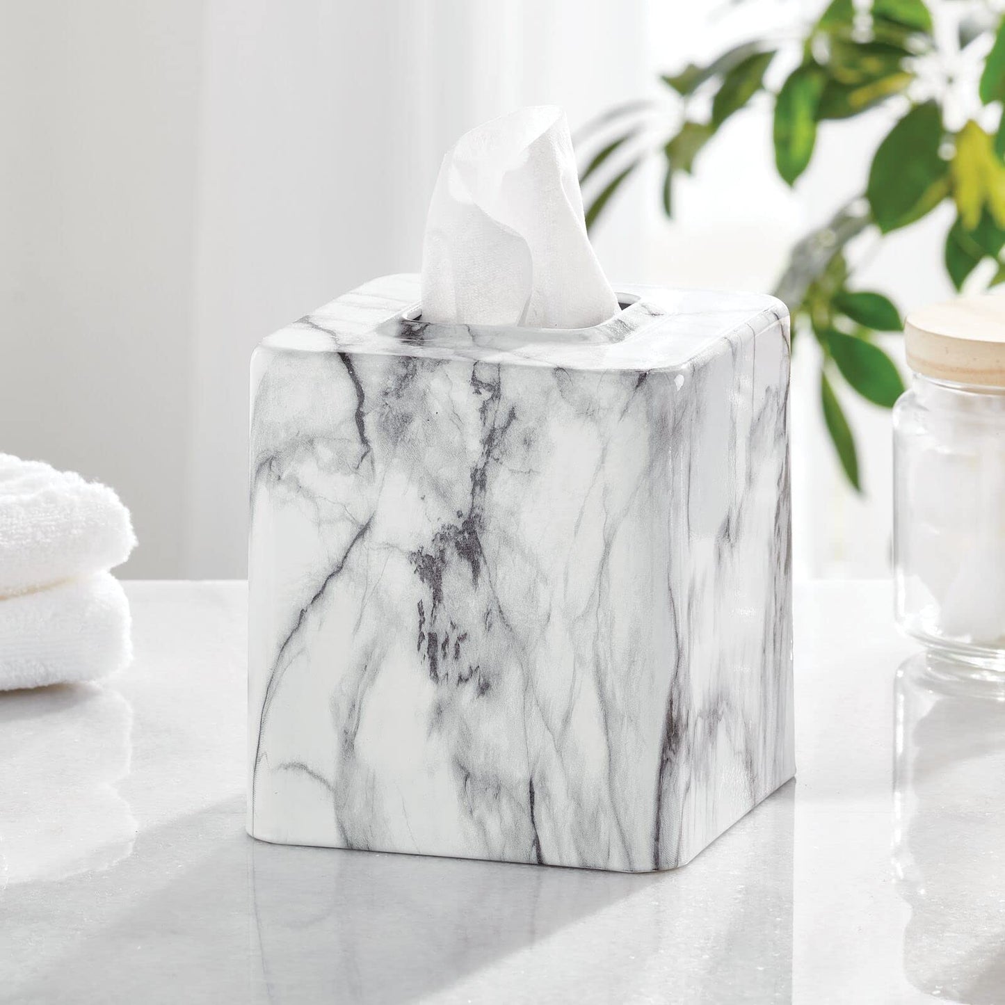mDesign Metal Square Tissue Box Cover, Modern Facial Paper Holder - Accessories for Bathroom Vanity Countertop, Bedroom Dresser, Night Stand, Desk, Office and End Table - Unity Collection - Marble