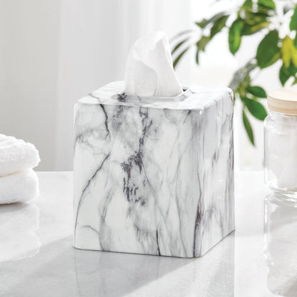 mDesign Metal Square Tissue Box Cover, Modern Facial Paper Holder - Accessories for Bathroom Vanity Countertop, Bedroom Dresser, Night Stand, Desk, Office and End Table - Unity Collection - Marble