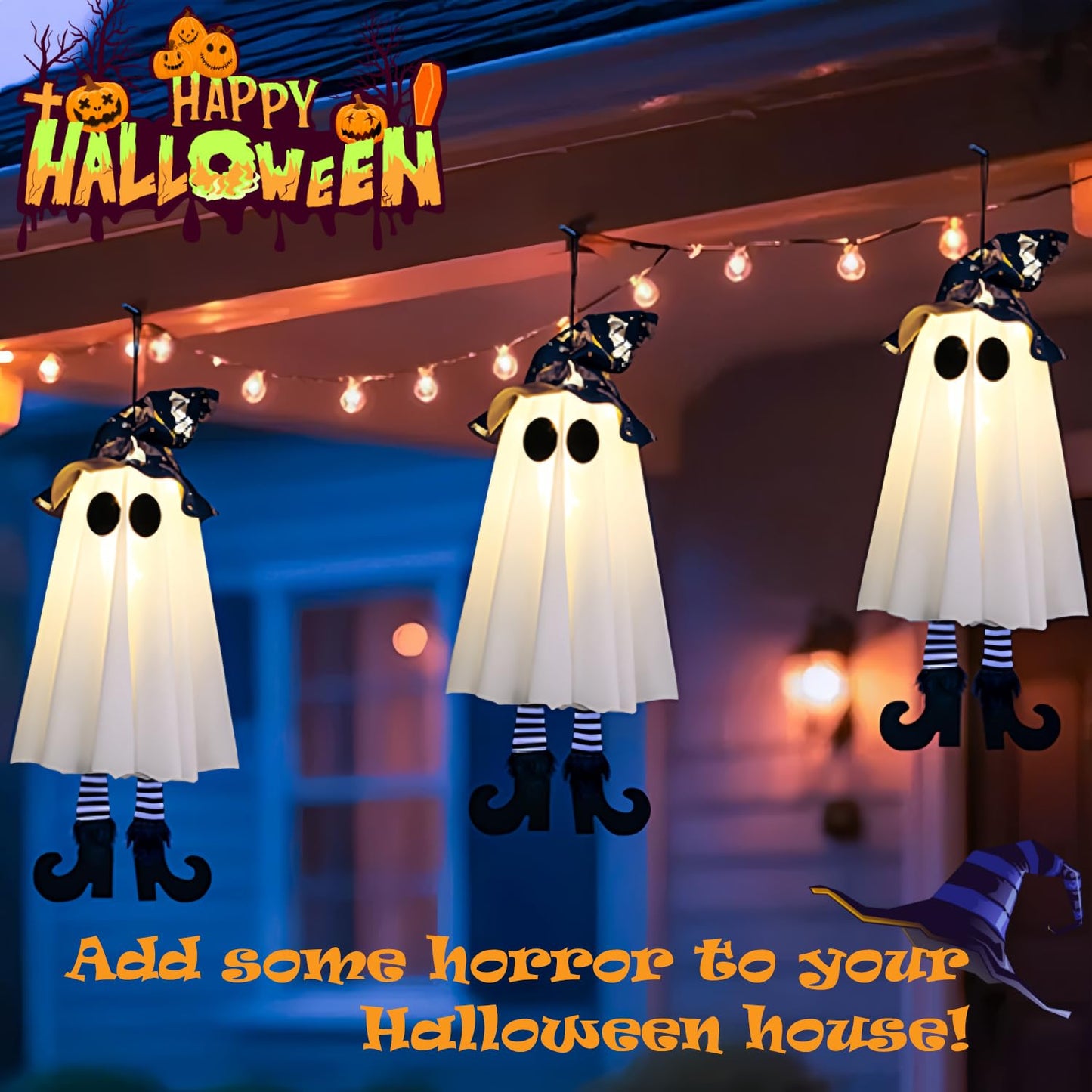 Set of 3 Halloween Hanging Ghosts, Halloween Decorations Witch Hat Lights, Outdoor Glowing Ghost for Yard Patio Garden Tree