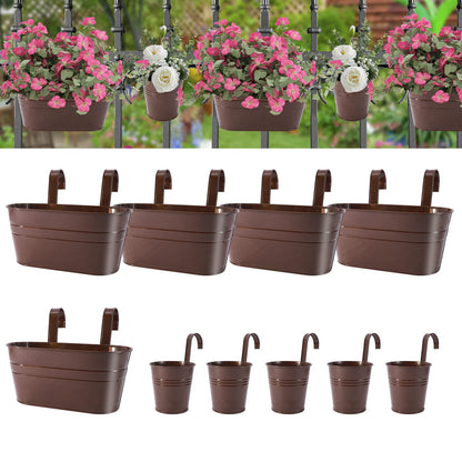 HowRU Metal Iron Flower Pots for Railing Fence Hanging Bucket Pots(5 Pcs) and Hanging Flower Pots Metal Iron Bucket Planter(10 Pcs) (Bronze)