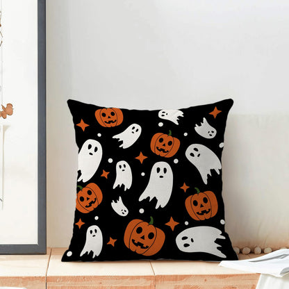 Halloween Pillow Covers 22x22, Cream Spooky Ghost Black Decorative Throw Pillows for Couch, Burnt Orange Pumpkin Decor Cushion Cover 2 Pcs Autumn Fall Outdoor Linen Pillowcase for Bed Car Safa