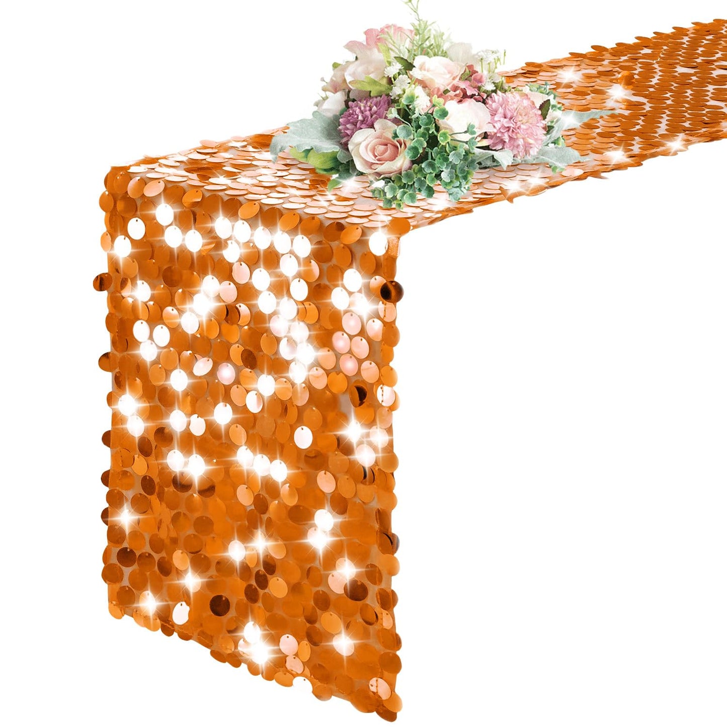 Pufogu 12 "x 108" Sequin Table Runner, Orange Glitter Premium Big Sequin Table Runner, Rectangle Table Runners for Halloween, Christmas, Wedding Party, Birthday Party, Banquet Decor (1 Pack).