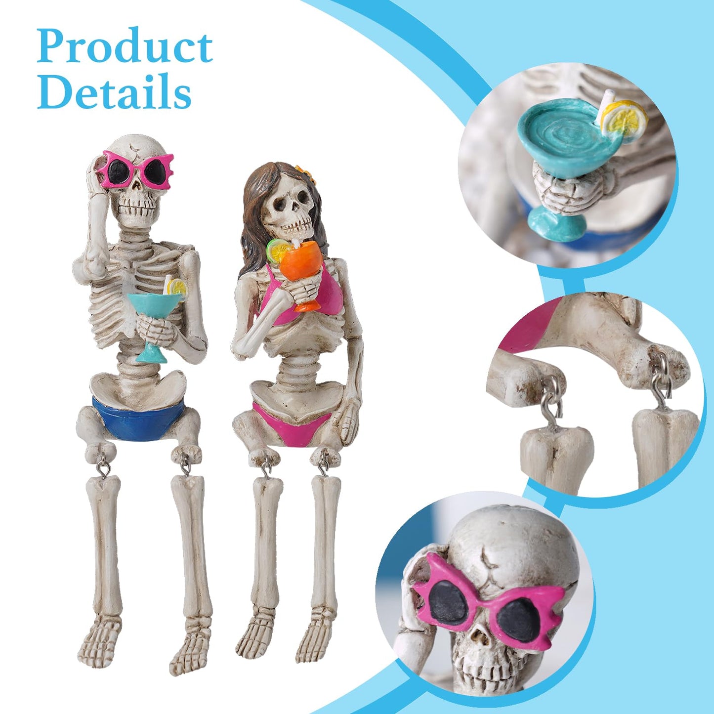 Summer Decorations Halloween Skeleton Statue - Collectible Figurines Summerween Couple with Dangling Leg Bikini Sunglass 7.5H in Perfect for Coastal Tropical Ocean Beach Pool Decor Newman House Studio