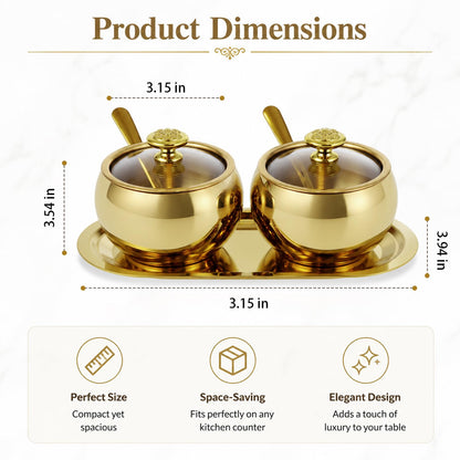 Toyosport 2 Pcs Stainless Steel Seasoning Jars with Tray, Spherical Sugar Container with Spoon & Clearn Lid for Salt, Pepper, 3.15 in Mouth, 3.54 in High, Coffee Bar Accessories, Gold