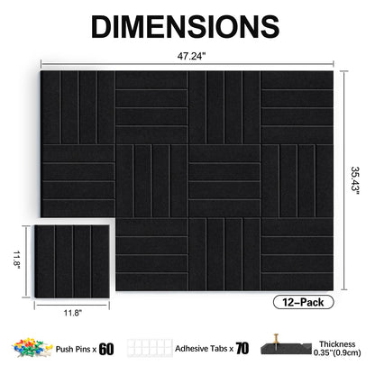 Sesiyoiu 12-Pack Felt Bulletin Board, 47.2" x 35.4" Large Cork Board Alternative for Walls Decor, with 60 Pushpins, 70 Damage-Free, Thick Pin Board for Office, Home, Classroom - Black