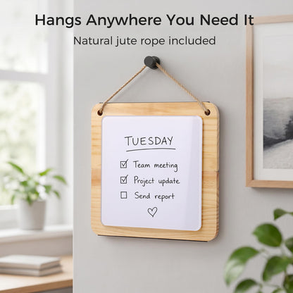TOWON Glass Desktop Whiteboard with Solid Wood Stand - Foldable Mini Dry Erase Board for Desk - 2-in-1 Tabletop & Hanging Memo Board for Office Decor, Magnetic, White and Square