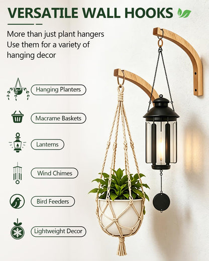 DSJIFGEW Wooden Plant Hangers - Hanging Plant Hooks for Indoor Outdoor, Wood Hanging Wall Plant Hooks Heavy Duty for Flower Pots Wind Chimes and Bird Feeders(2-Pack,8-Inch)