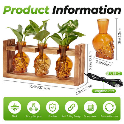 Skull Plant Propagation Station with LED Lights - Halloween Decor Skull Planter, Hydroponics Pot for Office, Unique Gifts for Women & Plant Lovers(Amber)