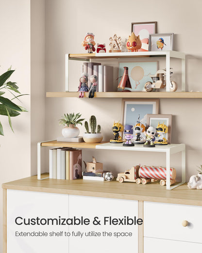 SONGMICS HOME Spice Racks, Expandable Cupboard Shelf Orgnizers, Kitchen Counter Shelves, Bamboo and Metal, Space-Saving Shelving, Stackable, Light Bamboo and Cream White UKCS051N01