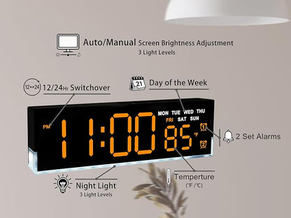 zyzamay 7-Inch Modern LED Digital Alarm Clock with Dual Alarms & Soft Bottom Light｜Displays Time, Date, Day, Temperature｜3-Level Auto/Manual Brightness,DST, USB or Battery Powered Desk Clock,Orange
