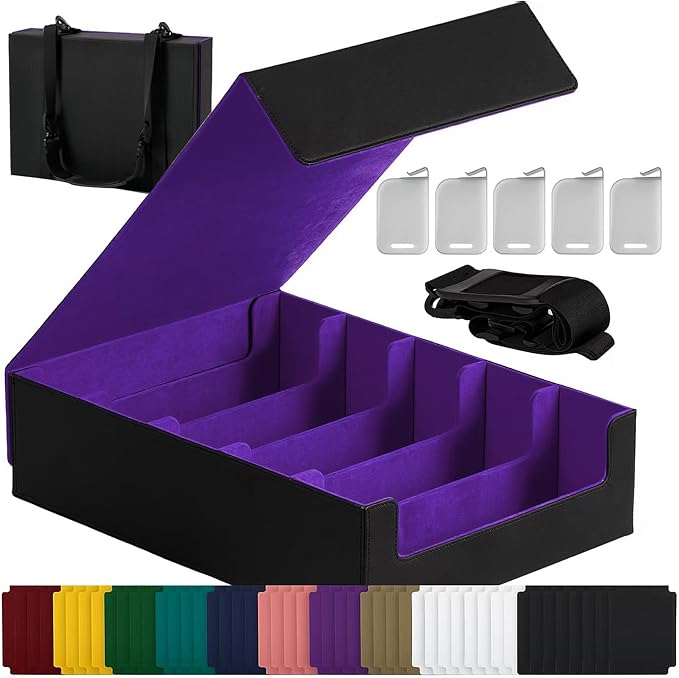 Magnetic Leather Trading Card Storage Box - 5-Row Deck Case Design, 3900+ Capacity for YuGiOh, MTG, TCG and Sports Cards, Includes 24 Colorful Dividers & 5 Card Supports（Black/Purple）