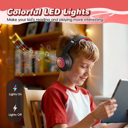 Kids Bluetooth Headphones, 85H Playtime Wireless Headphones for Kids, Colorful LED Lights, 85/94dB Safe Volume Limit, Bluetooth 5.4 Built-in Mic Toddler Headset for Tablet/Airplane/Travel (Black）