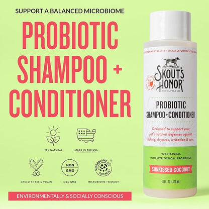 Skout's Honor Probiotic Dog Shampoo & Conditioner with Avocado Oil & Omega-3s, 97% Natural, Paraben & Sulfate-Free, Cruelty-Free, 16oz, Sunkissed Coconut, 2-Pack