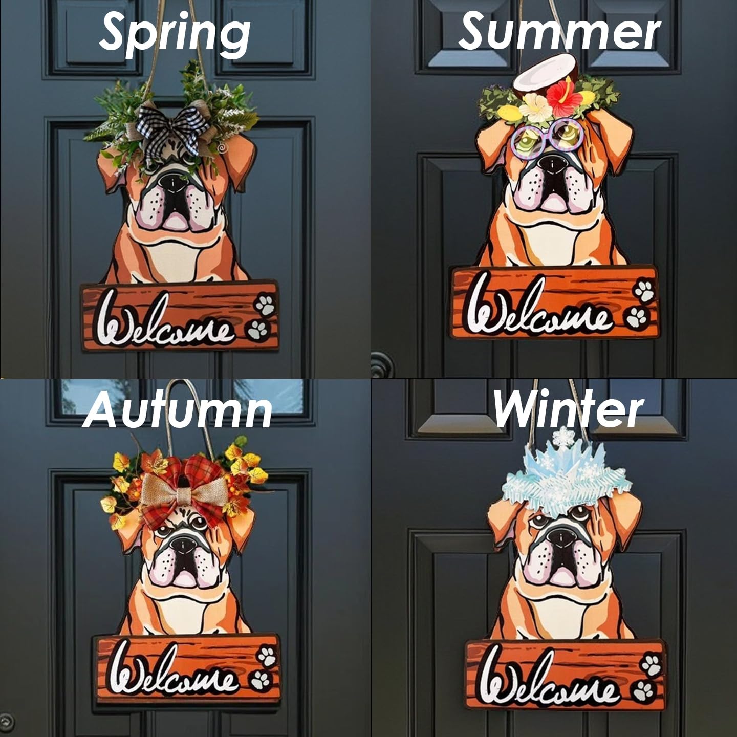 FelyHos Interchangeable Bulldog Welcome Sign, Wooden Seasonal Door Hanger with 12 Interchangeable Decorations, Cute Dog Welcome Plaque for Front Door Porch Wall, Holiday Home Decor Gift