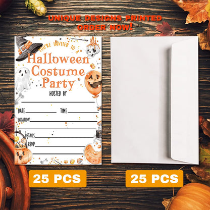 Deluxe Halloween or Costume Party Invitations, 25 Fill-in Cards with Envelopes, Pumpkin, Ghost, Monster, Cute Trick or Treat, Box or Treat for Kids Birthday or Adult party - 4"X6" (JRM338)