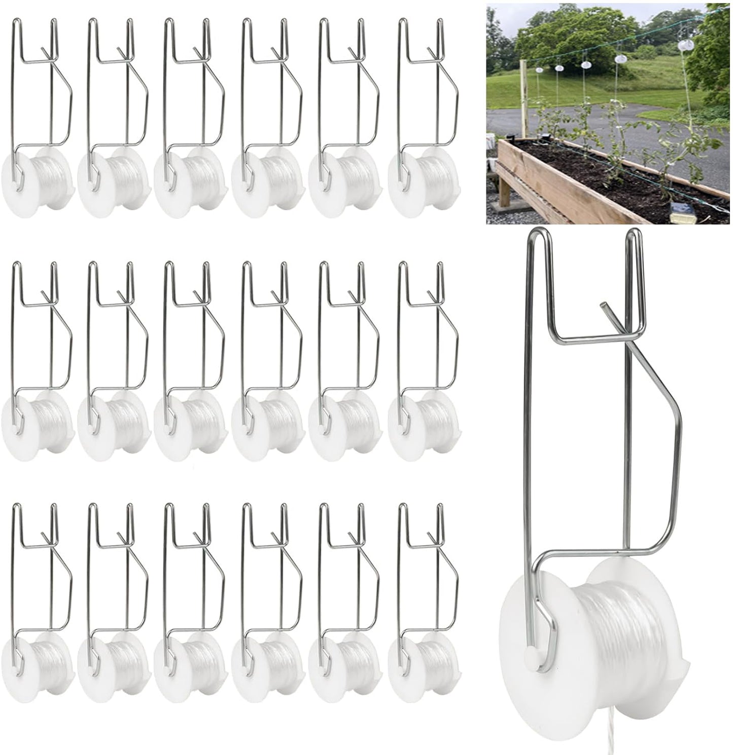 Tomato Support Hooks with String,10 Pack Tomato Trellis Roller Hooks with 49.2FT String for Plant,Greenhouse Tomato Flower Vine Twine Crop Trellis Kit Plant Roller Hook