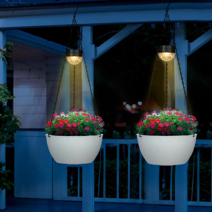 SUNNYPARK 2 Packs Hanging Planters Basket for Outdoor Plants, Solar Powered Self Watering White Round Plastic Flower Pots with Drainer for Balcony Patio Garden Outdoor Decoration