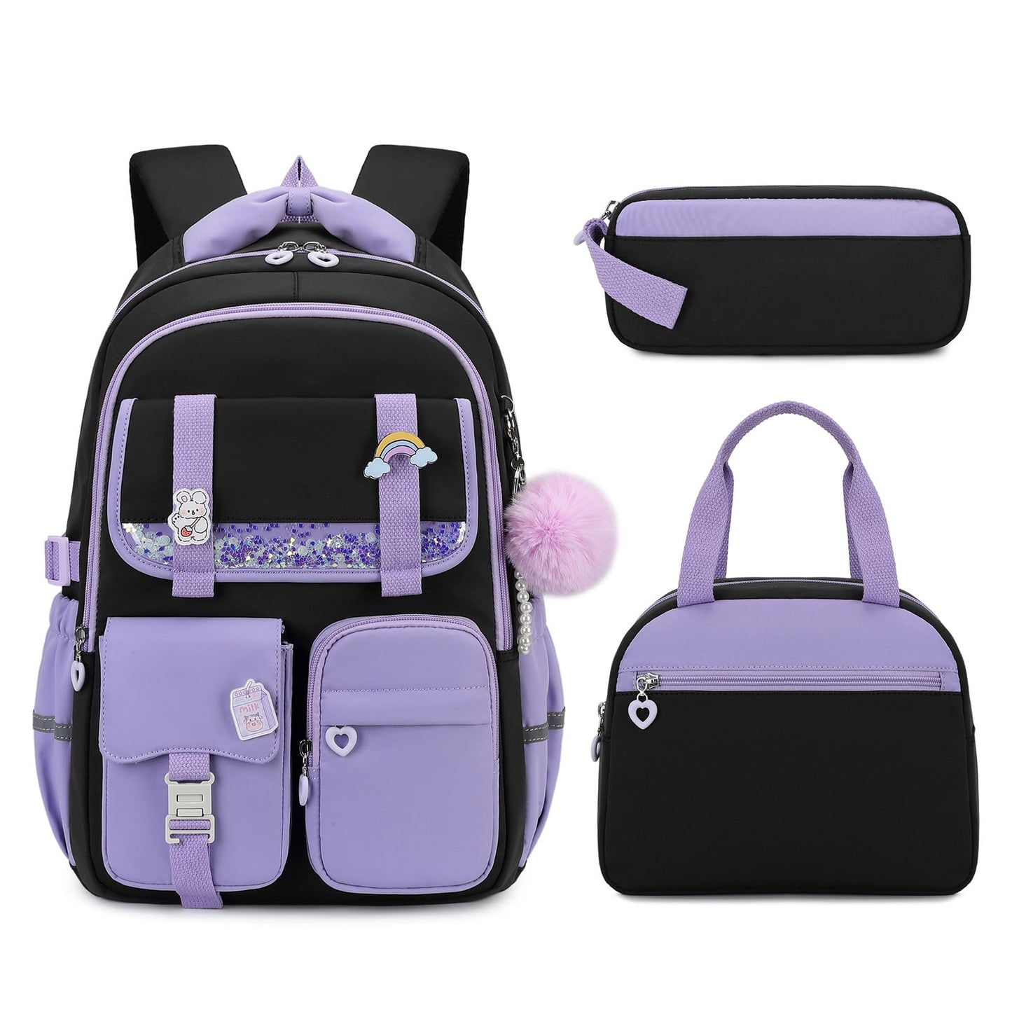 MUSEVOS Girls Backpack, Kids Backpack for Girls, School Bookbag for Teens Age 6-15, Large Capacity Water Resistant Backpack for Elementary to High School, Cute Travel Daypack, Black Purple 3pcs