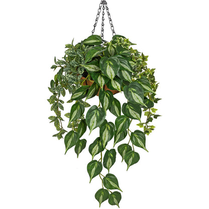 Fake Hanging Plant with Pot, Large Hanging Artificial Plants with Basket & Hanger Faux Greenery Plants Indoor Outdoor Decor Fake Pothos Plant in Pot for Wall Balcony Patio Office Bathroom Shelf