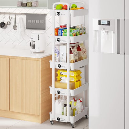 Laiensia 5-Tier Rolling Cart with Wheels,Multifunction Utility Storage Carts, Kitchen Storage Organizer,Mobile Shelving Unit for Bathroom,Laundry,with Classified Stickers,White
