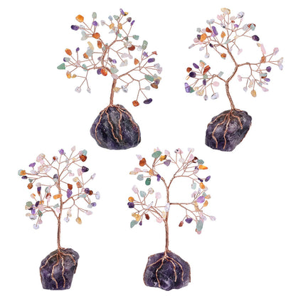 Rockcloud Crystal Money Tree with Irregular Raw Amethyst Crystal Cluster Base, Copper Wire Lucky Bonsai Tree for Desktop Office Home Decor, Mixed Stones