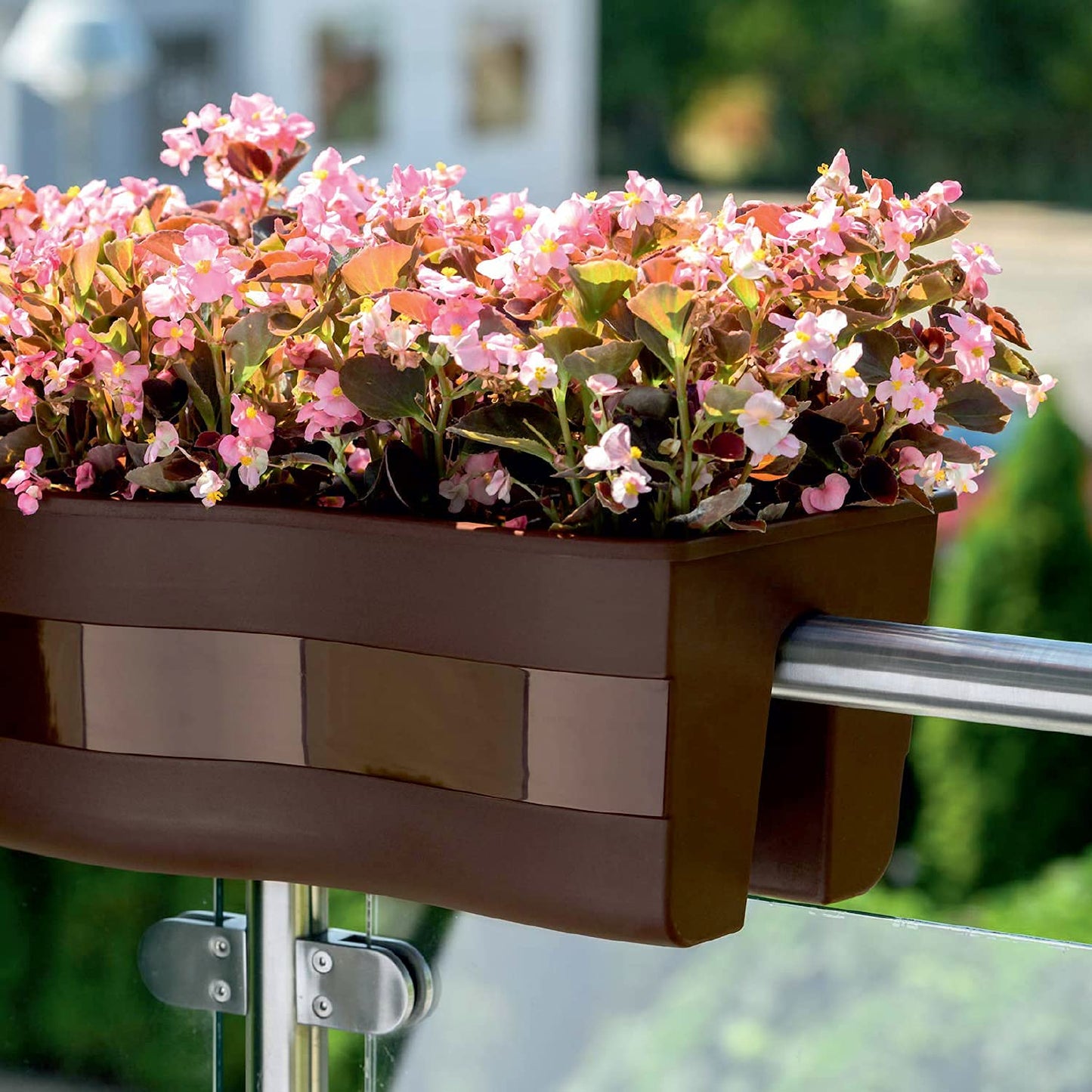 Ridge Rail Long Rectangular Flower Pot, Indoor/Outdoor Hanging Rail Planter Lightweight & Weatherproof Flower Box - Balcony Planters for Railing and Fence Patio, Deck 2 Pack (Brown)