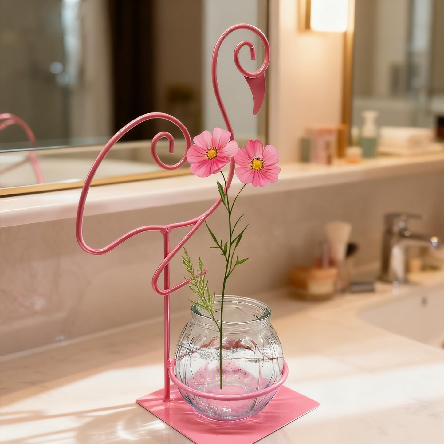 Desktop Glass Planter Vase Holder,Terrarium Stand for Plants Creative Decorations for Home Patio Lawn Garden (Standing Flamingo Pink)