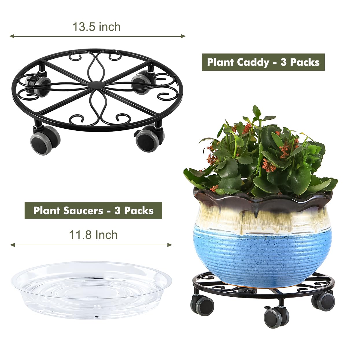3 Pack Plant Caddy with Wheels Heavy Duty 13.5 Inches Metal Plant Stand with Wheels Plant Dolly Rolling Plant Stand Plant Roller with Casters for Indoor and Outdoor, Black