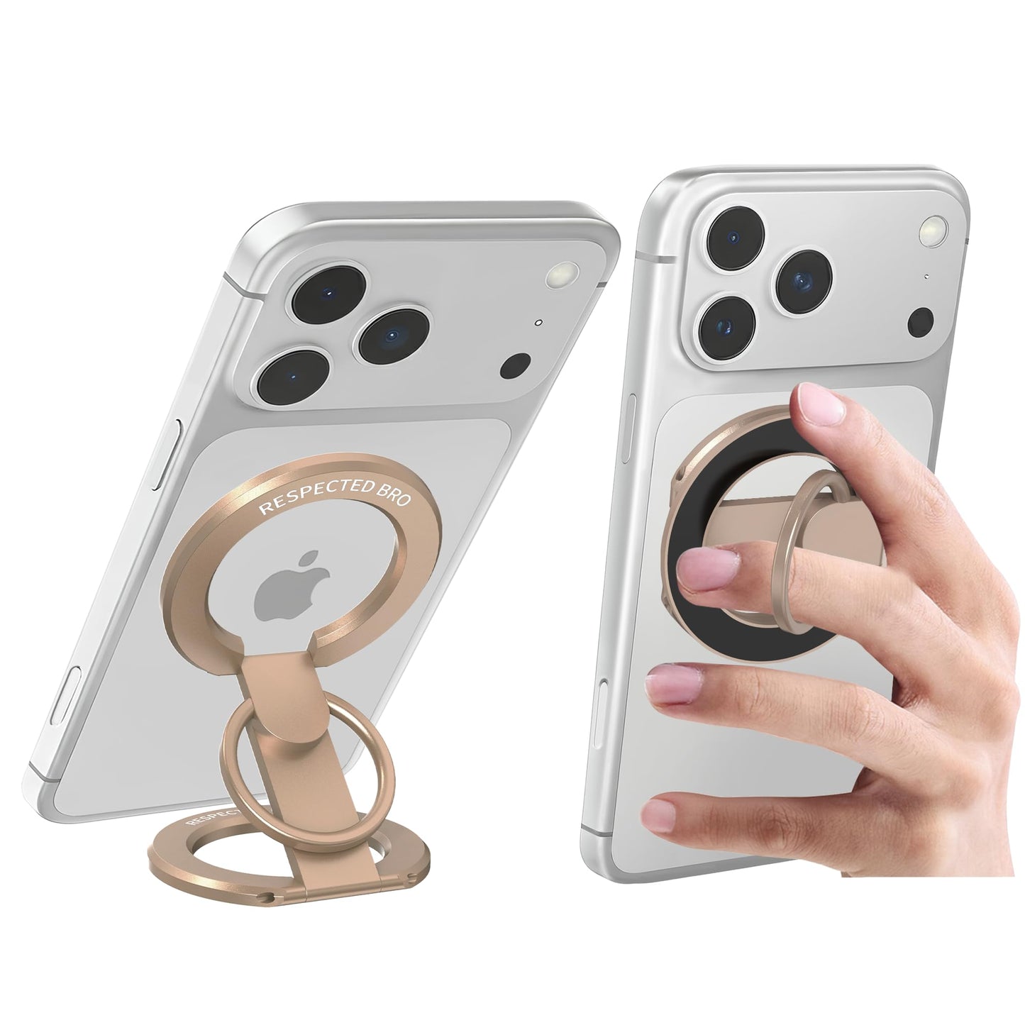 RESPECTED BRO-Magnetic-Phone-Ring-Holder with Dual Rings, Compatible with iPhone 17/16/15/14/13/12, Multifunctional Stand for Office, Gym, Kitchen & All Metal Surfaces, Finger Loop Grip (Desert Gold)