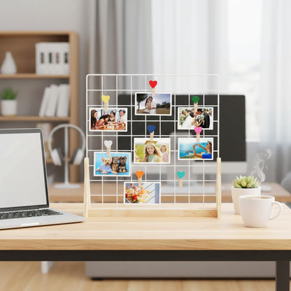 2 Sets Wedding Wall Grid Decorative Panel for Photo Display 19.3x18.5 Inch, Photo Display Panel, Wire Wall Grid, Desk Picture Manager, with 70 Wooden Clips for Shows Crafts Artistic Drawings Photos