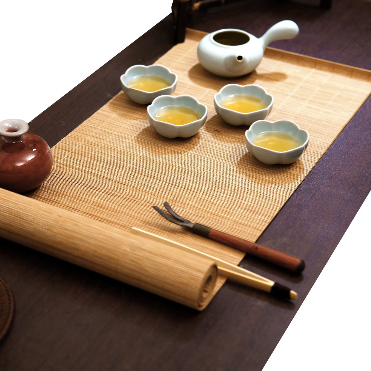 YOY Tea Ceremony - Kung Fu Tea Set Mat Natural Bamboo Tablemat Slat Handmade Bamboo Sticks Decor Placemat Tea Table Runner 12 by 47-Inch, Natural
