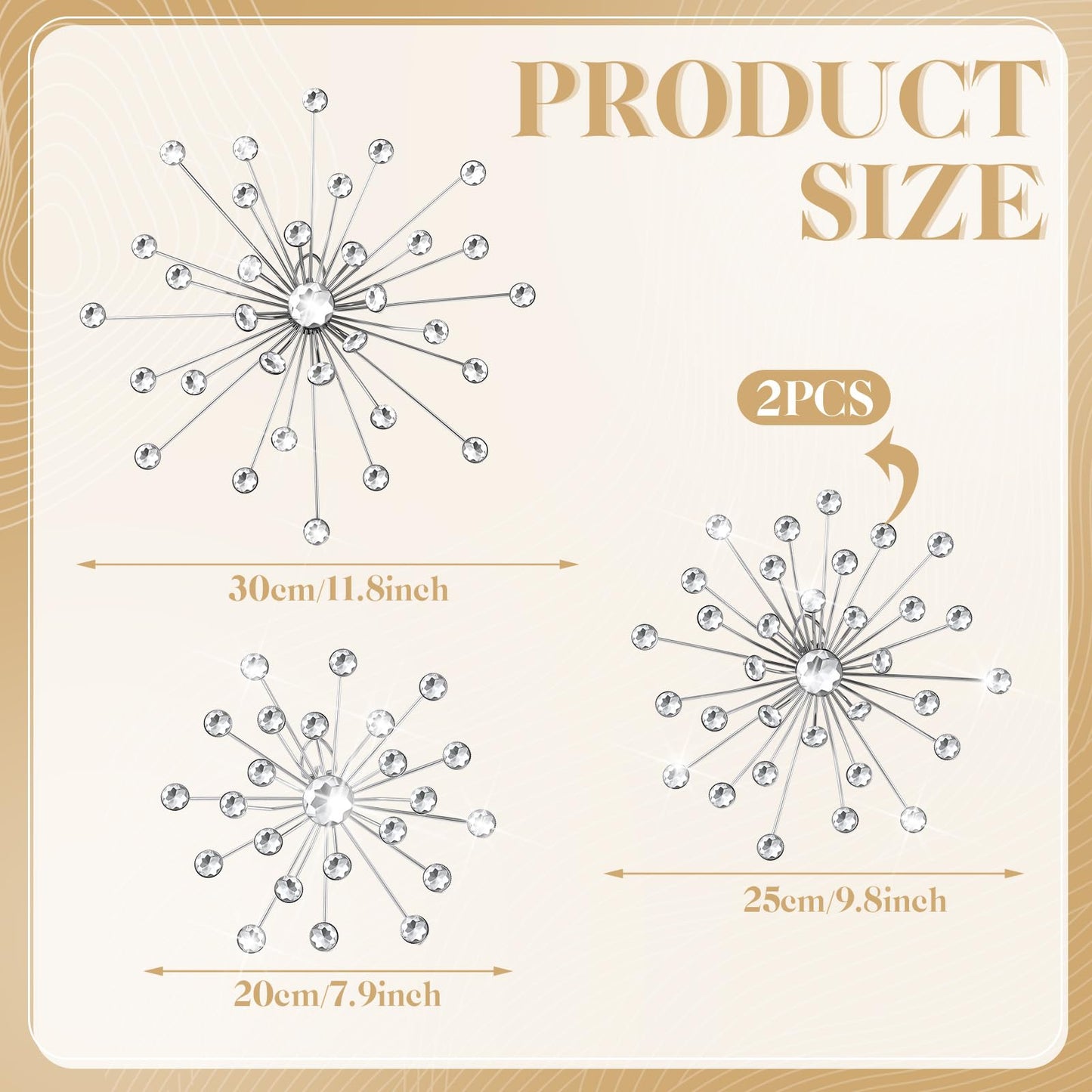 Funnymoom 4 Pcs Silver Starburst Wall Decor Metal Bling Wall Art Crystal Silver Sparkling Rhinestones Bling Decorative Hanging Diamond for Living Room Bedroom Home Office