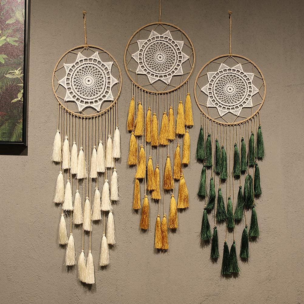 Artilady Macrame Dream Catchers for Bedroom - Tassel Wall Hanging Handmade Dreamcatchers Home Decor with Tassel Feather Ornament Craft Blessing Gift (Beige)