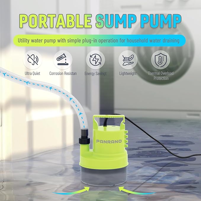 1/3 HP Submersible Water Pump 2000 GPH Portable Small Sump Pump For Pool Cover, Basements, Puddles, Gardens Ponds With 16.4 Ft Power Cord and Hose Adapters, Yellow