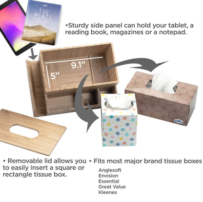 MobileVision Bamboo Tissue Box Holder & Tablet Stand Organizer for Bedroom & Desktop; compartments hold iPad Phones Remote Controls Reading Glasses Notepads & Pens