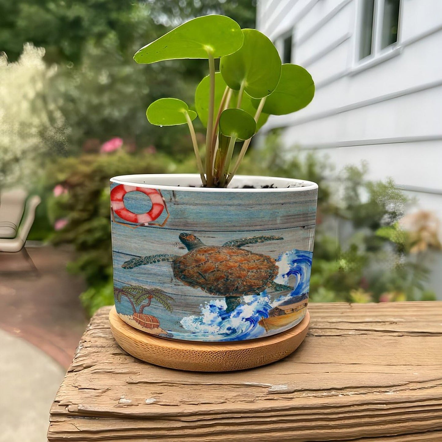 DreamAutumn Ocean Theme Sea Turtle Ceramic Pots for Plants with Drainage Holes Round Flower Pot Bamboo Tray Orchid Pot Succulents Pots for Outdoor Indoor Plants,Housewarming Gifts