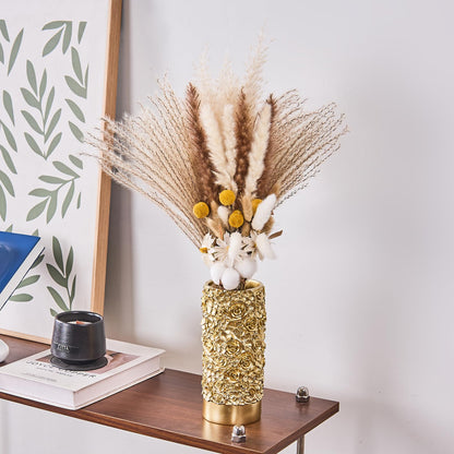 Gold Rose Hand-Carved Resin Vase – 8 Inch Decorative Cylinder Vase for Pampas Grass, Centerpiece, Home Decor | Elegant Entryway, Countertop & Nightstand Accent | Unique Housewarming Gift