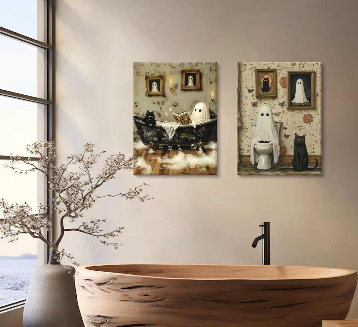 2pcs Funny Ghost Bathroom Wall Art Spooky Ghost on Toilet Wall Decor Gothic specter and Cute Black Cat Canvas Poster Dark Academia specter Painting Prints for Toilet Dorm Halloween Decor 8x10In Canvas